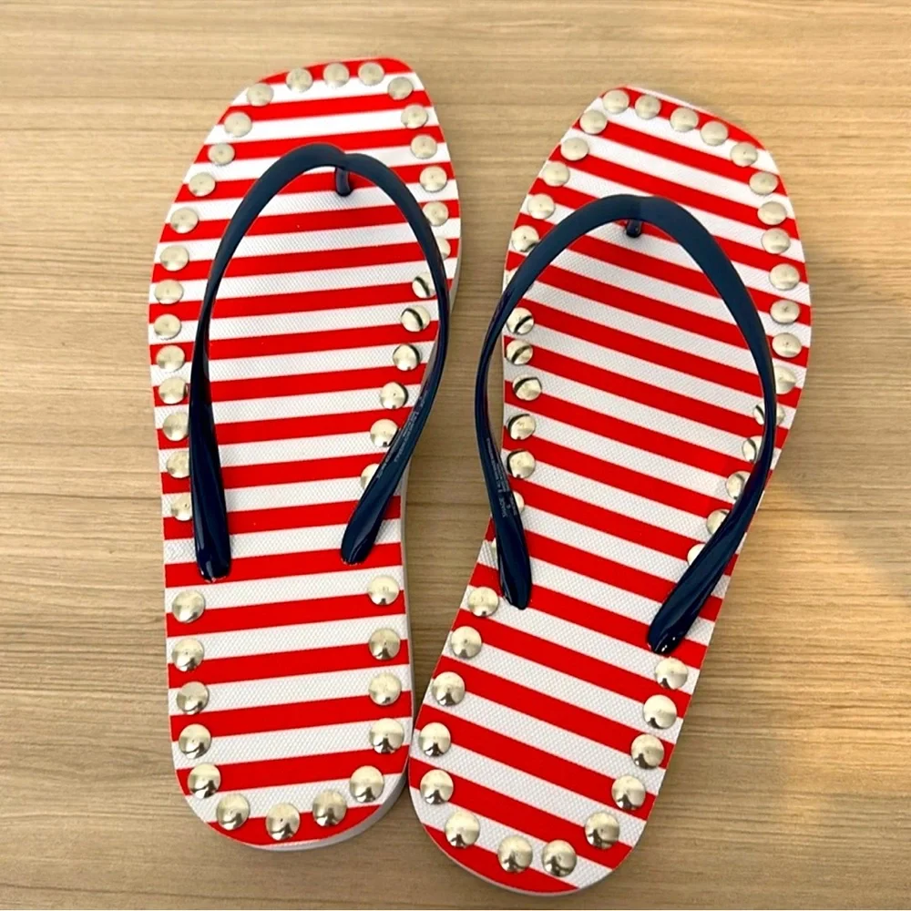 New Hand Made Red and White Striped Flip Flops - Picture 2 of 6